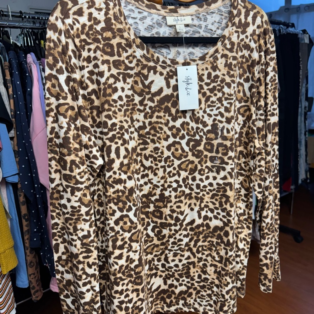 Style & Co Yellow and Brown Long Sleeve Relaxed Blouse